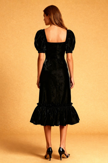 Black Square Neck Mermaid Midi Velvet Dress